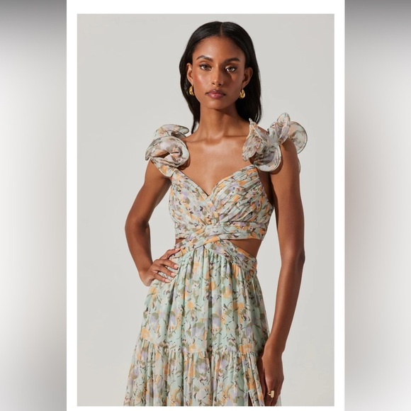 NWT ASTR The Label Fritillaria Maxi Dress Mint Purple Floral Sz S Ruffle Cutout - Picture 6 of 17